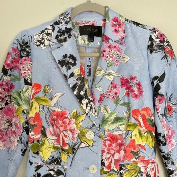Carlisle Collection blue floral button front quilted coat jacket 2 - Picture 3 of 14